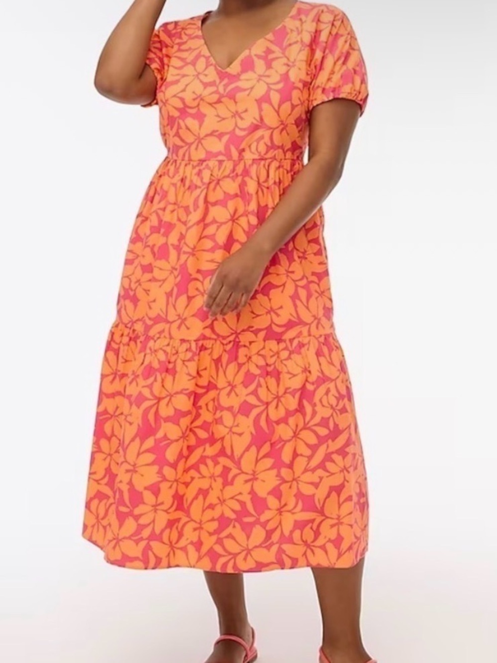 J. Crew Pink and Orange Floral V-Neck Tiered Midi Dress